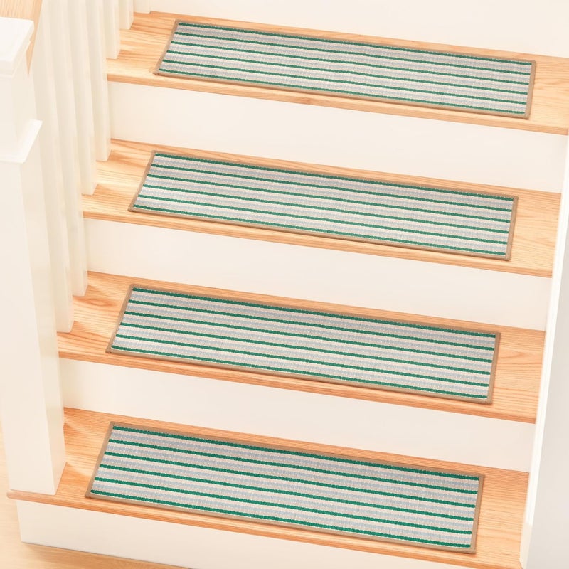 MBIGM 8" X 30" (15 in Pack) Non-Slip Carpet Stair Treads Non-Skid Safety Rug Slip Resistant Indoor Runner for Kids Elders & Pets with Reusable Adhesive - Soft Stripes - Serene Sage - Image 1